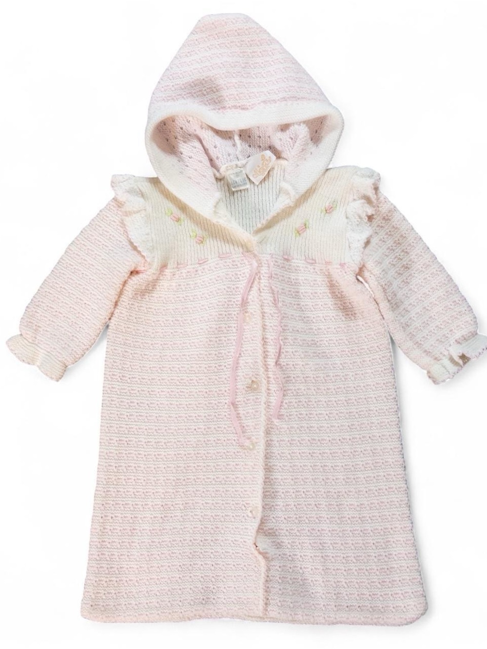 Vintage Atkins Knit Baby Sack | Hooded Bunting | Pink & White | 0-6 Months